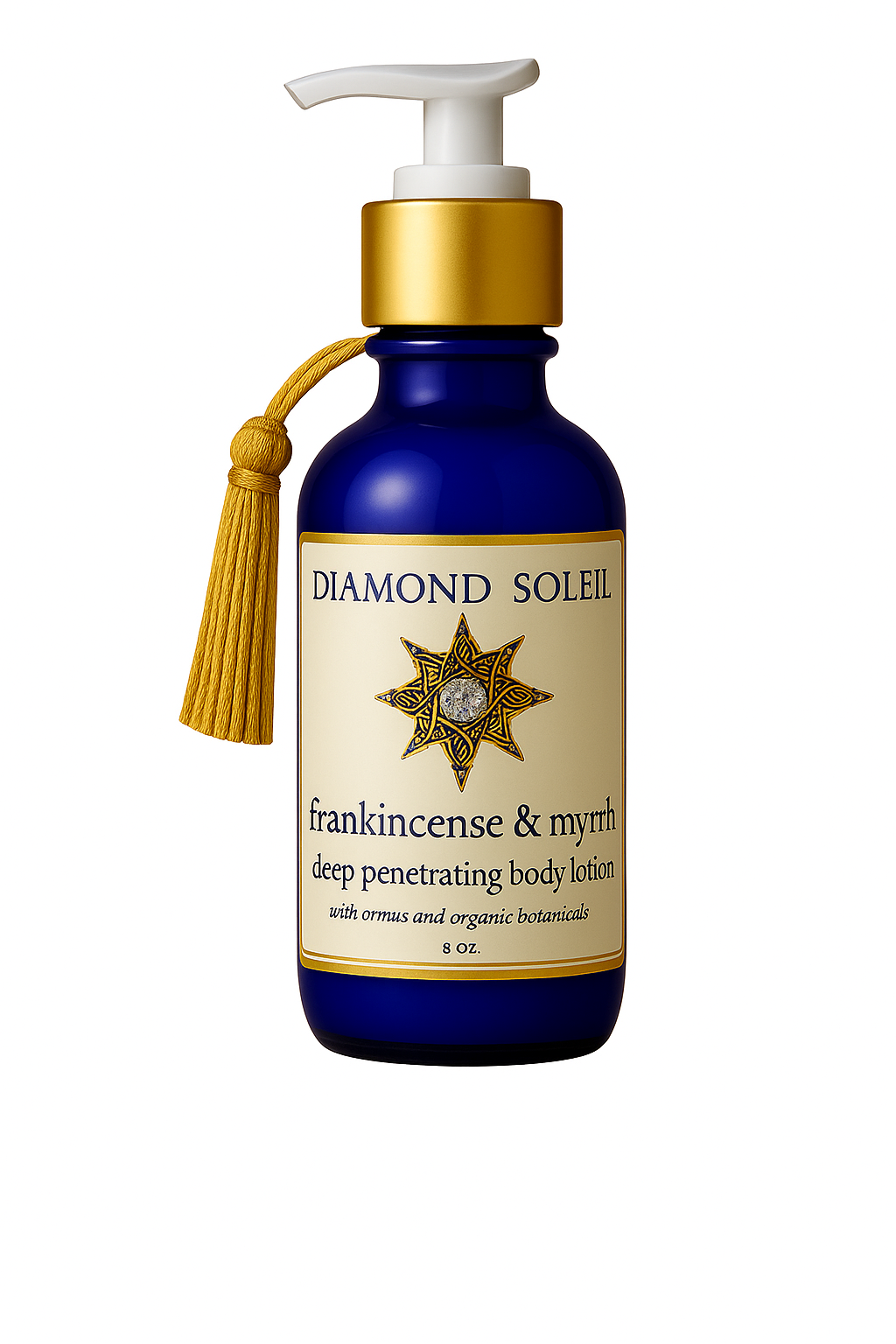 Diamond Soleil Frankincense & Myrrh Deep Penetrating Body Lotion in cobalt blue glass bottle with gold collar, white pump, and gold tassel – minimalist white background.