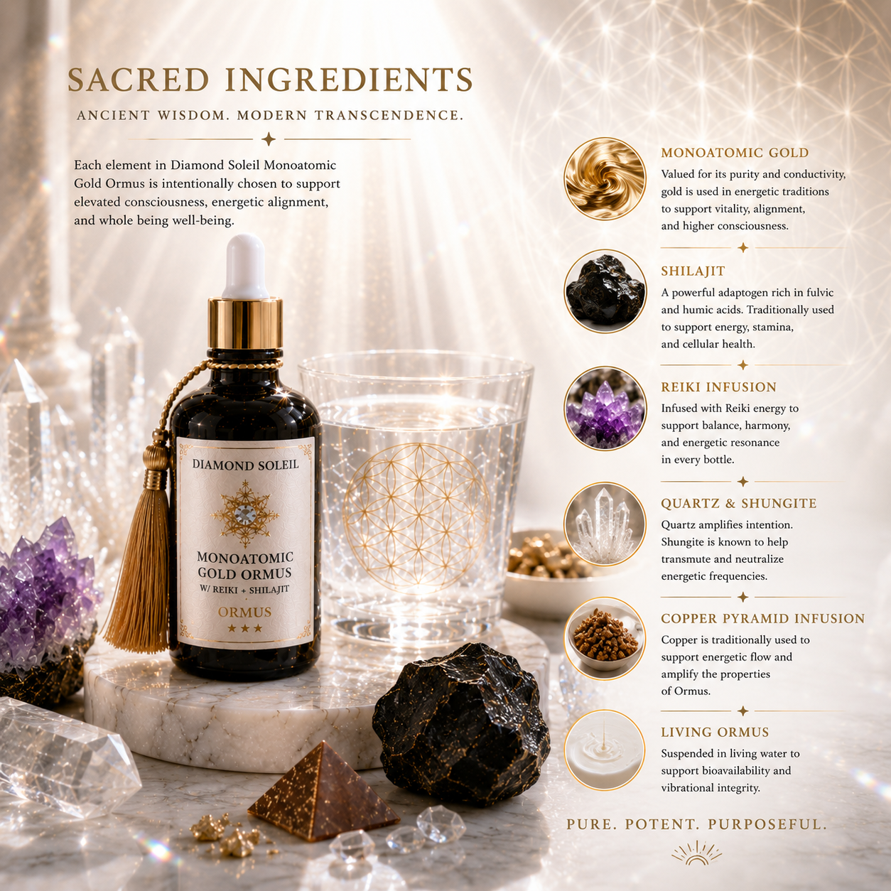 Diamond Soleil ORMUS elixir with Dead Sea minerals Shilajit and crystals