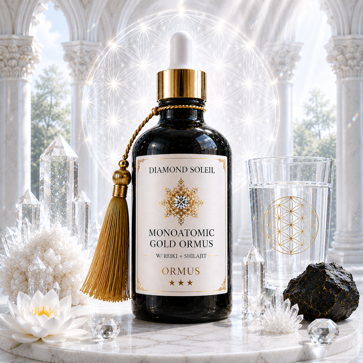 Monoatomic Gold ORMUS Elixir black glass bottle by Diamond Soleil