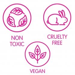 Vibrant pink icons showing Non-Toxic, Cruelty-Free, and Vegan symbols – ethical, eco-conscious skincare commitment.