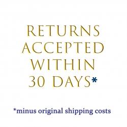 “Returns Accepted Within 30 Days” text graphic in elegant gold and blue serif font on white background, with fine print below.